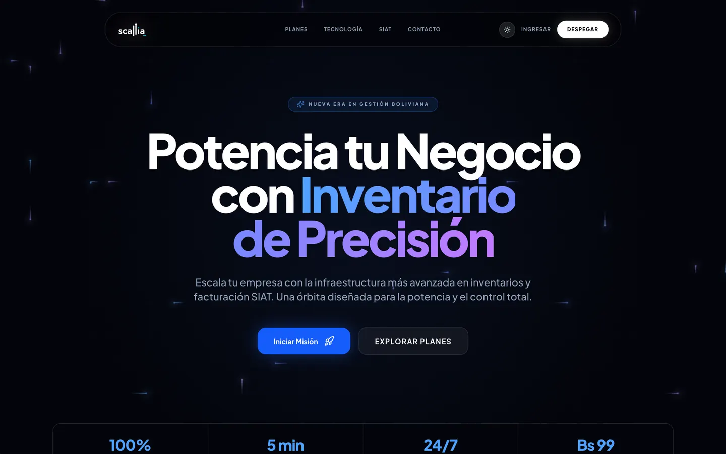 Página de inicio de Scallia Space en modo oscuro